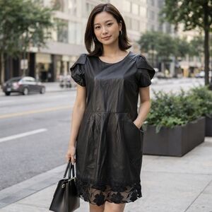 Yumi Black Faux Leather Puff Sleeve Dress Lace Hem Pockets